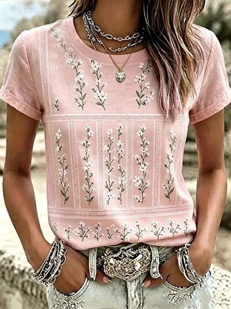 Casual Floral Crew Neck Short Sleeve T-shirt