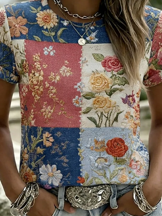 Casual Floral Crew Neck Short Sleeve T-shirt - Image 2