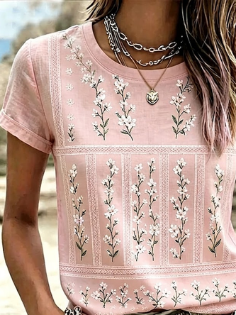 Casual Floral Crew Neck Short Sleeve T-shirt - Image 2