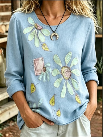 Casual Floral Crew Neck Long Sleeve T-shirt - Image 5