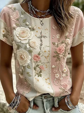 Casual Floral Crew Neck Short Sleeve T-shirt