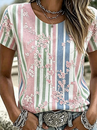 Casual Striped Crew Neck Short Sleeve T-shirt - Image 2