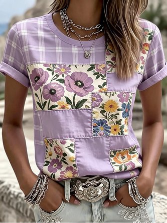 Casual Floral Crew Neck Short Sleeve T-shirt - Image 2