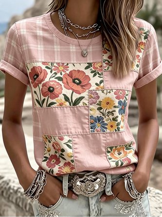Casual Floral Crew Neck Short Sleeve T-shirt - Image 4