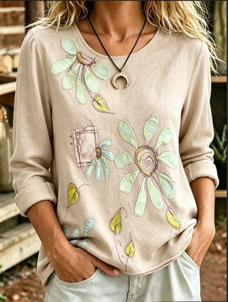 Casual Floral Crew Neck Long Sleeve T-shirt - Image 4