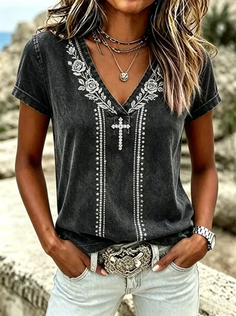 Vintage Floral V Neck Short Sleeve T-shirt