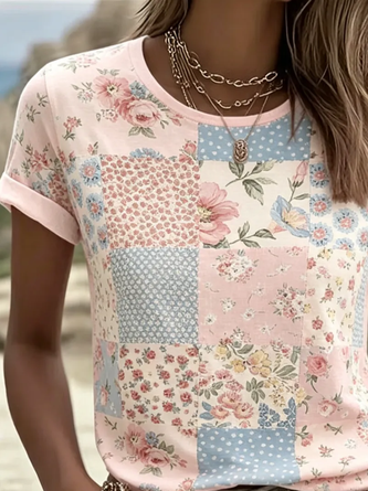 Casual Floral Crew Neck Short Sleeve T-shirt - Image 2