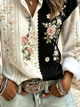 Shirt Collar Regular Sleeve Long Sleeve Floral Buckle Regular Loose Button Up Shirt Shirt For Women - Image 3
