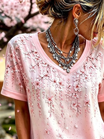 Vintage Floral V Neck Short Sleeve T-shirt - Image 2