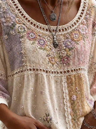 Crew Neck Half Sleeve Floral Regular Micro-Elasticity Loose Blouse For Women - Image 3