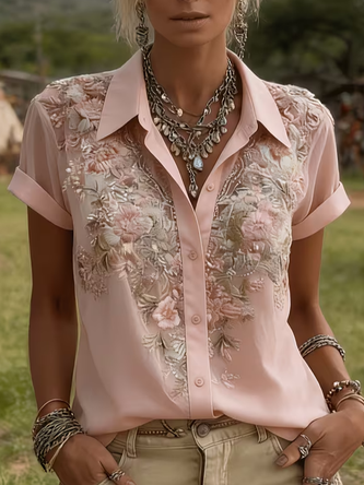 Shirt Collar Short Sleeve Floral Printing Regular Micro-Elasticity Loose Button Up Shirt Shirt For Women - Image 2