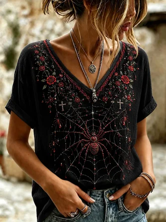 Vintage 3D Printing V Neck Short Sleeve T-shirt