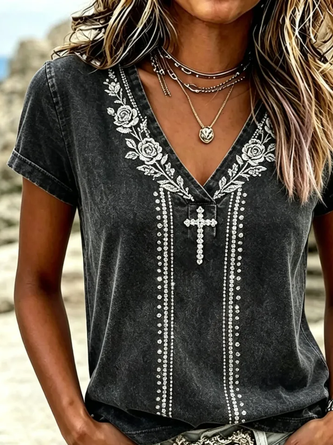 Vintage Floral V Neck Short Sleeve T-shirt - Image 2