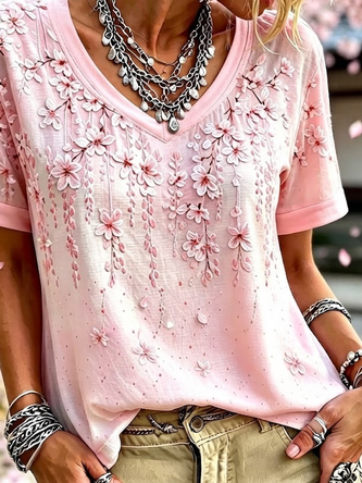 Vintage Floral V Neck Short Sleeve T-shirt - Image 3