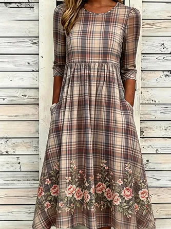 Floral Summer Printing Dress Crew Neck Half Sleeve H Line Dress