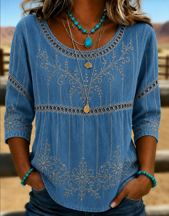 Crew Neck Half Sleeve Floral Regular Micro Elasticity Loose Blouse