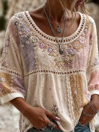 Crew Neck Half Sleeve Floral Regular Micro-Elasticity Loose Blouse For Women - Image 2