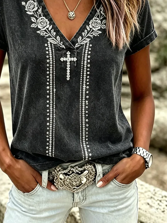 Vintage Floral V Neck Short Sleeve T-shirt - Image 3