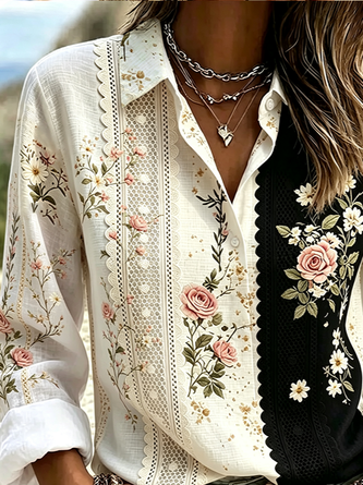 Shirt Collar Regular Sleeve Long Sleeve Floral Buckle Regular Loose Button Up Shirt Shirt For Women - Image 2
