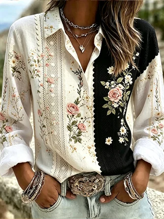 Shirt Collar Regular Sleeve Long Sleeve Floral Buckle Regular Loose Button Up Shirt Shirt For Women