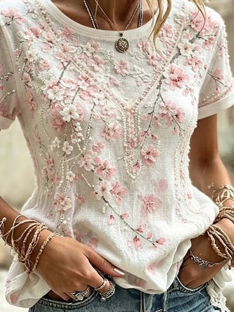 Casual Floral Crew Neck Short Sleeve T-shirt - Image 3