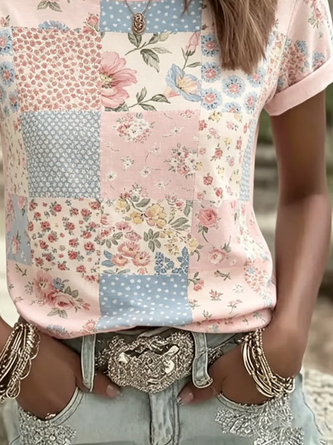 Casual Floral Crew Neck Short Sleeve T-shirt - Image 3