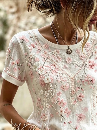 Casual Floral Crew Neck Short Sleeve T-shirt - Image 2