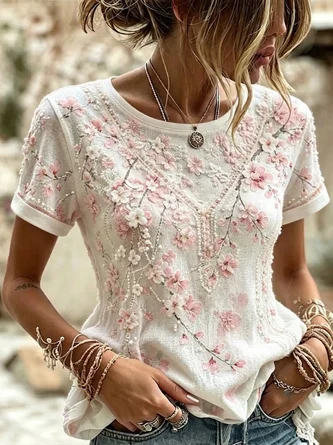 Casual Floral Crew Neck Short Sleeve T-shirt