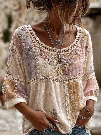 Crew Neck Half Sleeve Floral Regular Micro-Elasticity Loose Blouse For Women