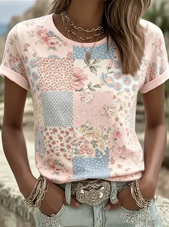 Casual Floral Crew Neck Short Sleeve T-shirt