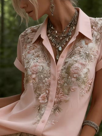 Shirt Collar Short Sleeve Floral Printing Regular Micro-Elasticity Loose Button Up Shirt Shirt For Women - Image 3