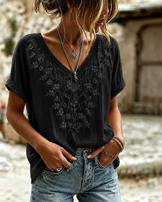 Vintage Floral V Neck Short Sleeve T-shirt 3 Vintage Floral V Neck Short Sleeve T-shirt - Image 3