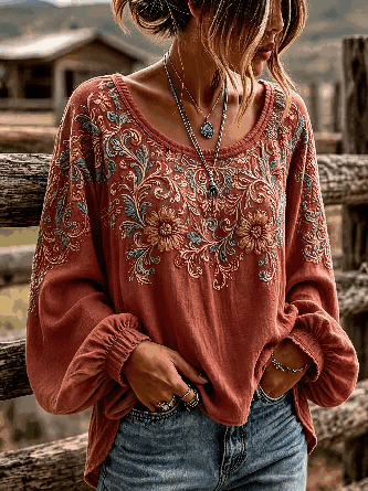 Crew Neck Long Sleeve Floral Printing Lightweight Micro-Elasticity Loose Blouse For Women - Image 2