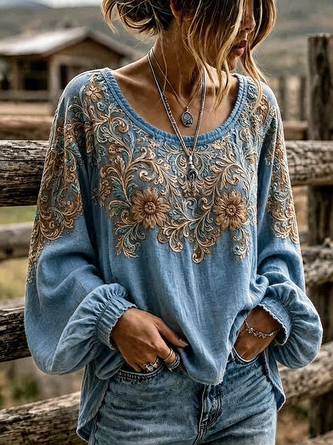 Crew Neck Long Sleeve Floral Printing Lightweight Micro-Elasticity Loose Blouse For Women - Image 3