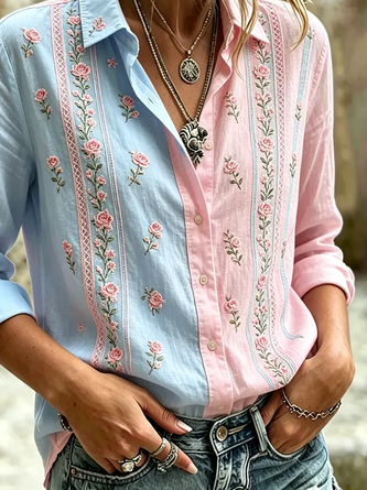 Shirt Collar Regular Sleeve Long Sleeve Floral Buckle Regular Loose Button Up Shirt Shirt For Women - Image 3