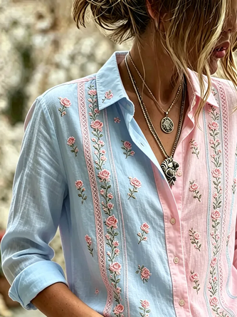 Shirt Collar Regular Sleeve Long Sleeve Floral Buckle Regular Loose Button Up Shirt Shirt For Women - Image 2