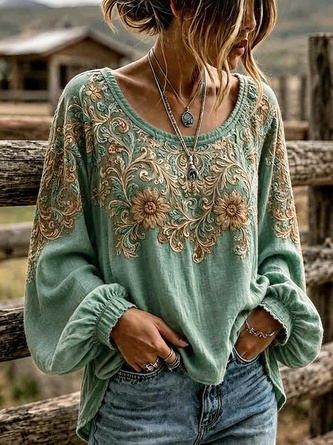 Crew Neck Long Sleeve Floral Printing Lightweight Micro-Elasticity Loose Blouse For Women - Image 7