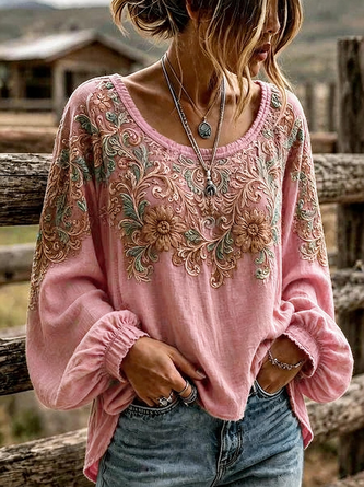 Crew Neck Long Sleeve Floral Printing Lightweight Micro-Elasticity Loose Blouse For Women - Image 5