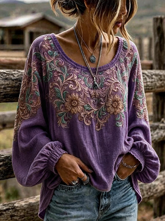 Crew Neck Long Sleeve Floral Printing Lightweight Micro-Elasticity Loose Blouse For Women - Image 6