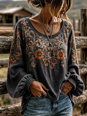 Crew Neck Long Sleeve Floral Printing Lightweight Micro-Elasticity Loose Blouse For Women - Image 4