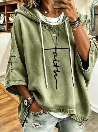 Women's Casual Faith Cross Print Denim-Look Hoodie - Image 3