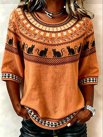 Crew Neck Half Sleeve Halloween Printing Regular Micro-Elasticity Regular Fit Blouse For Women