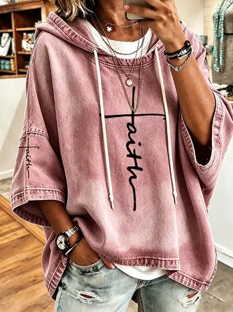 Women's Casual Faith Cross Print Denim-Look Hoodie - Image 2