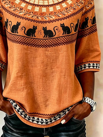 Crew Neck Half Sleeve Halloween Printing Regular Micro-Elasticity Regular Fit Blouse For Women - Image 3