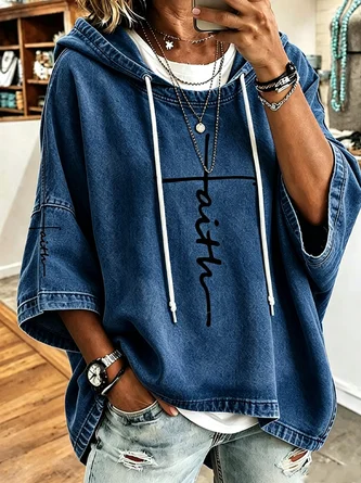 Women's Casual Faith Cross Print Denim-Look Hoodie - Image 4