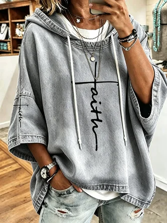 Women's Casual Faith Cross Print Denim-Look Hoodie - Image 5