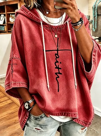 Women's Casual Faith Cross Print Denim-Look Hoodie - Image 6