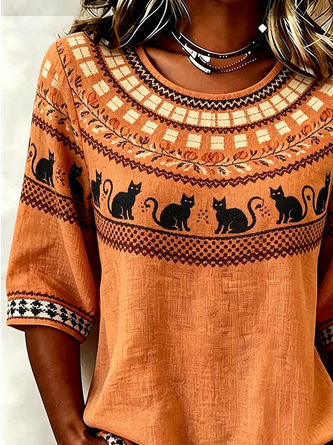 Crew Neck Half Sleeve Halloween Printing Regular Micro-Elasticity Regular Fit Blouse For Women - Image 2