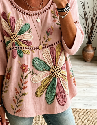 Crew Neck Half Sleeve Floral Printing Regular Micro-Elasticity Loose Blouse For Women - Image 3