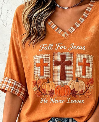 Vintage Text Letters V Neck Half Sleeve T-shirt - Image 2